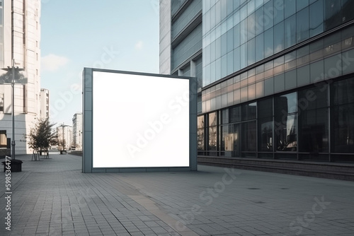 empty white advertising banner mockup in the city street. Generative AI 