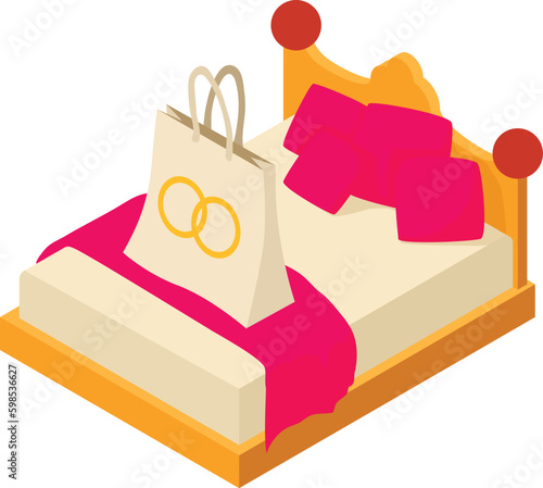 Wedding gift icon isometric vector. Gift bag with two gold ring picture on bed. Newlywed present, wedding concept