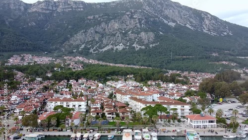 Drone shot of popular town of Akyaka, with its scenic coastline, and stunning natural surroundings, Akyaka is a popular destination for tourists photo