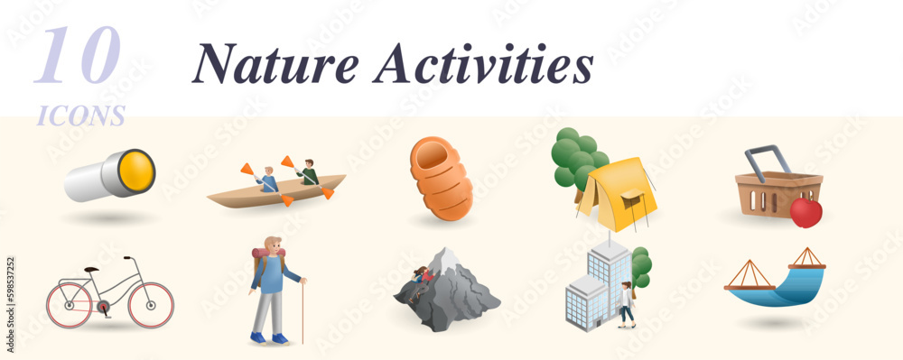 Nature activities set. Creative icons: flashlight, rowing canor, sleeping bag, tent, picknick, bike ride, hiking, rock climbing, city walk, hammock.
