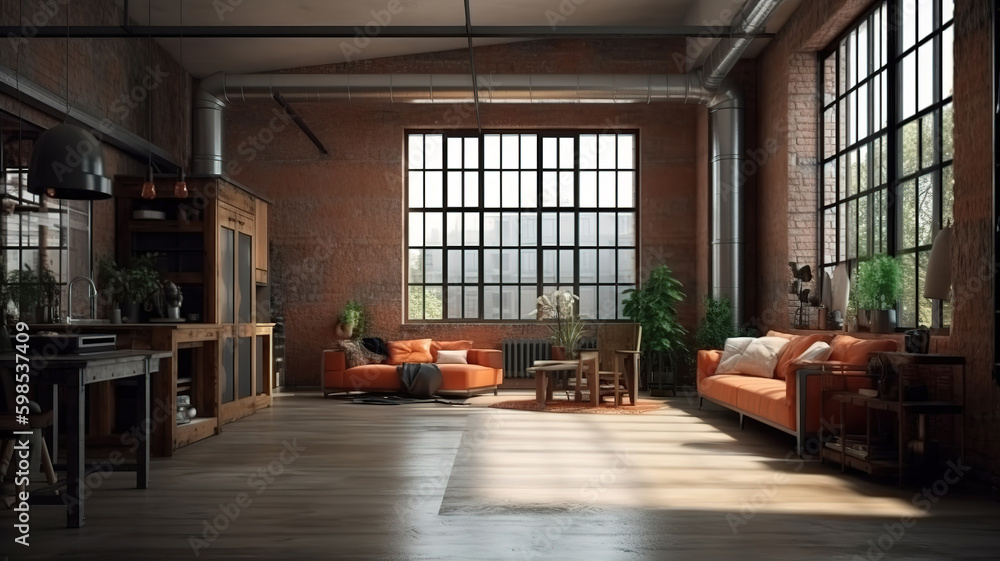 Living room loft in industrial style, 3d render, Bright color. Generative Ai