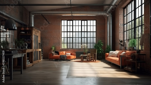 Living room loft in industrial style  3d render  Bright color. Generative Ai