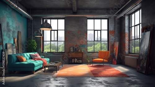 Living room loft in industrial style, 3d render, Bright color. Generative Ai © hassanmim2021
