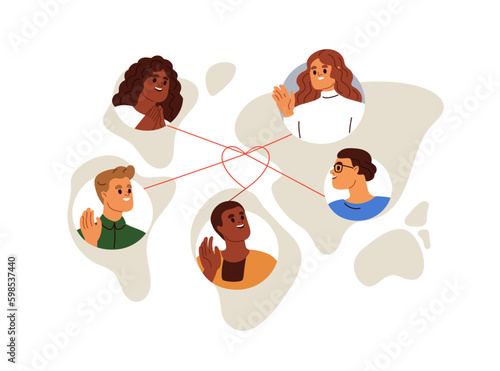 International communication, global networking, friendship concept. Peace, love in world society, community. Net of connections, contacts. Flat graphic vector illustration isolated on white background