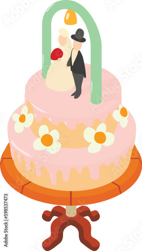 Wedding cake icon isometric vector. Twotiered cake with bride and groom figurine. Wedding dessert, event