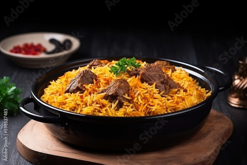 A bowl of biryani with a meat and beef dish on it. Food concept. AI generative image.