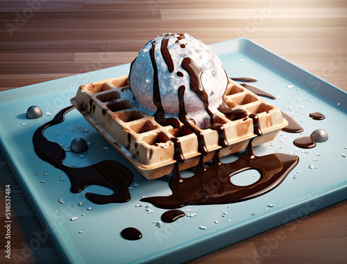 A waffle with chocolate syrup and ice cream on it. AI generative image.