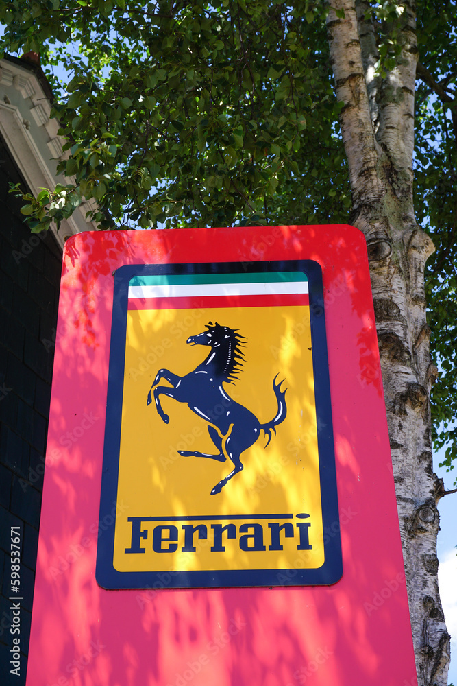 Lyndhurst England 14 June 2022 Ferrari logo sign at car dealership
