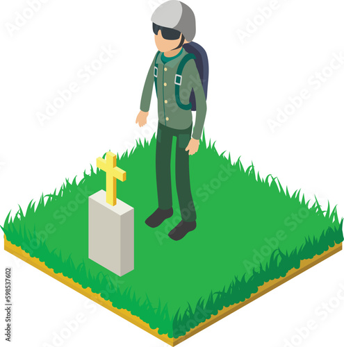 Skydiver icon isometric vector. Parachutist man stand near friend grave icon. Paratrooper, military cemetery, remembrance day