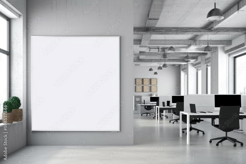 blank white billboard advertising banner mockup on office wall. Generative AI blank white billboard advertising banner mockup on office wall. Generative AI
