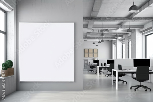 blank white billboard advertising banner mockup on office wall. Generative AI	