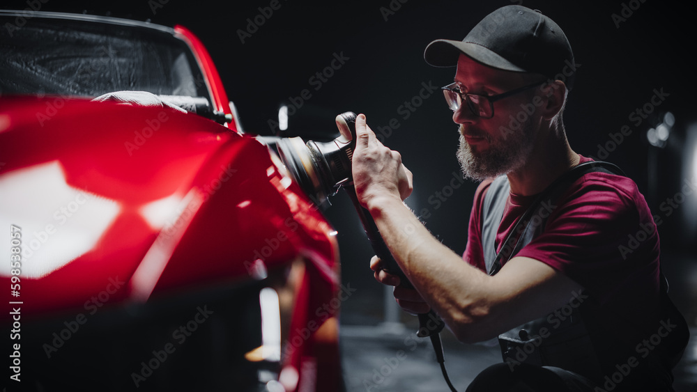 Red Sportscar Standing in a Stylish Detailing Dealership Studio