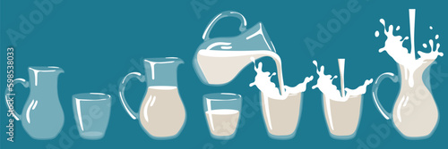 A set of glass glasses, empty jugs and with milk. Filled with liquid. There are full glasses nearby, filling up. Water is poured into a jug. The elements are isolated on a blue background