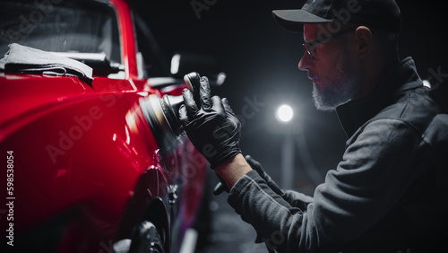 Red Sportscar Standing in a Stylish Detailing Dealership Studio. Professional Worker Buffing the Body from Light Scratches, Removing Swirls and Paint Defects from a Fender of the Vehicle