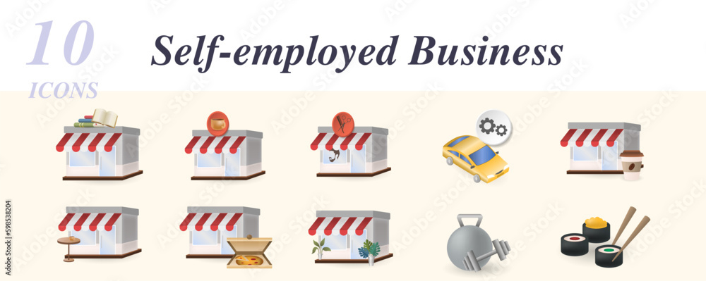 Obraz premium Self-employed business set. Creative icons: book shop, coffee shop, barber shop, car service, coffee house, cafe, pizzeria, flower shop, gym, sushi market.
