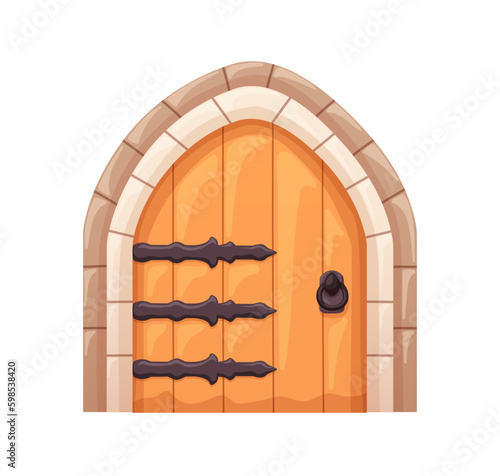 Old medieval door. Arched entrance to ancient dwarf house. Wooden entry. Clos...