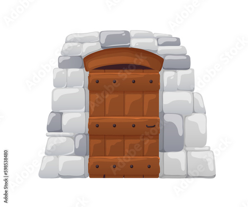 Old medieval door to ancient dungeon, basement. Closed wooden entrance to cellar, prison cell, storeroom in Middle Ages. Entry in vintage style. Flat vector illustration isolated on white background