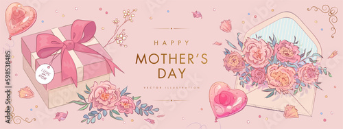 Mother's day horizontal poster, banner or greeting card with hand drawn gift box, envelope, flowers and helium balloons on pink background