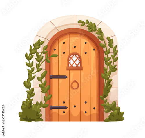 Arched wooden door to old medieval house. Ancient vintage doorway, wood entrance with knocker and small window, leaves, ivy plant. Flat graphic vector illustration isolated on white background