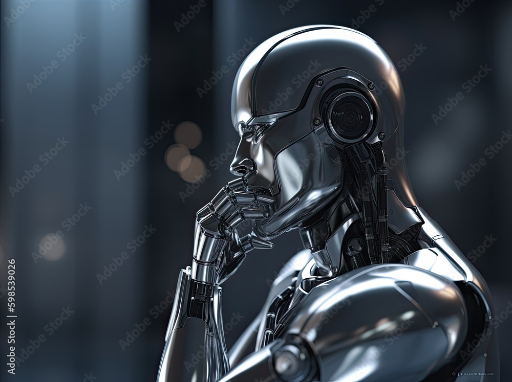 The future is already here. Portrait of humanized robot thinking. Generative AI The future is already here. Portrait of humanized robot thinking. Generative AI