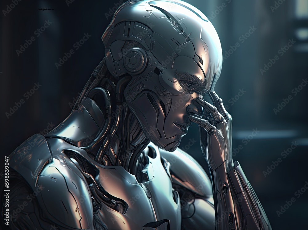 The future is already here. Portrait of humanized robot thinking. Generative AI The future is already here. Portrait of humanized robot thinking. Generative AI