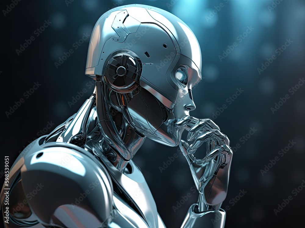 The future is already here. Portrait of humanized robot thinking. Generative AI The future is already here. Portrait of humanized robot thinking. Generative AI