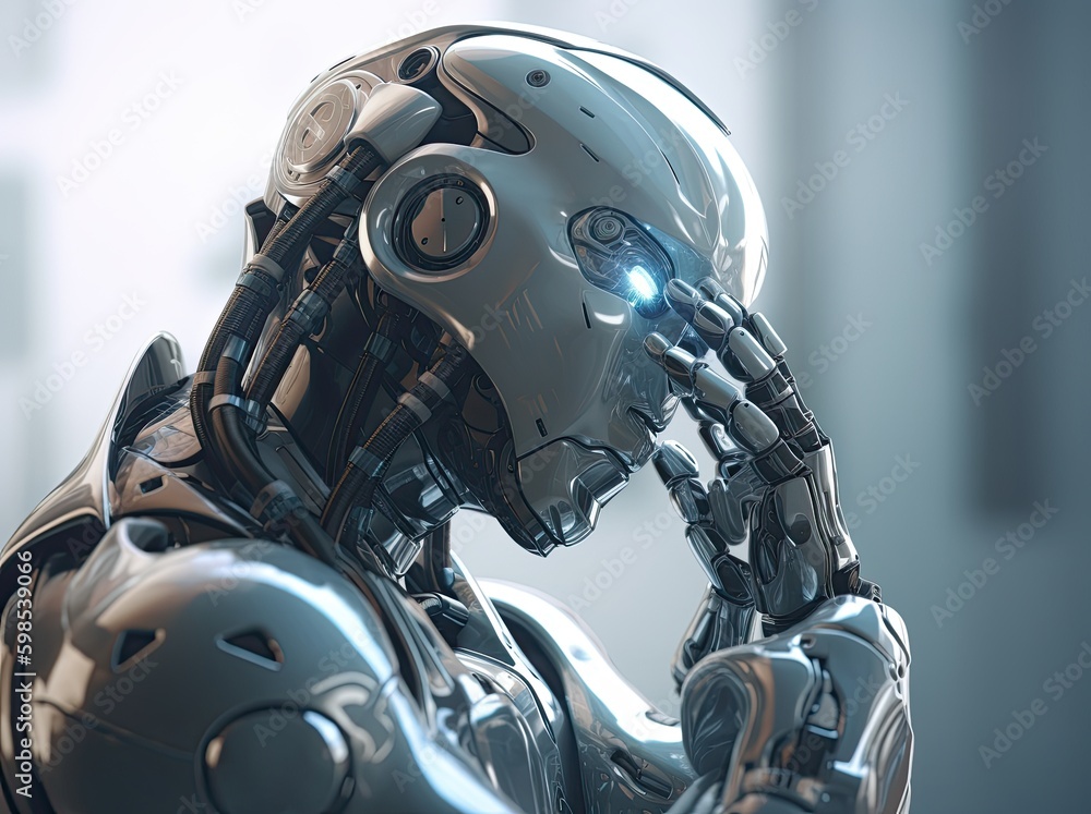 The future is already here. Portrait of humanized robot thinking. Generative AI The future is already here. Portrait of humanized robot thinking. Generative AI