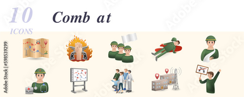 Combat set. Creative icons: battle map, offensive, retreat, dead soldier, wounded soldier, army doctor, battle strategy, civilians, strategic facilities, stop war.