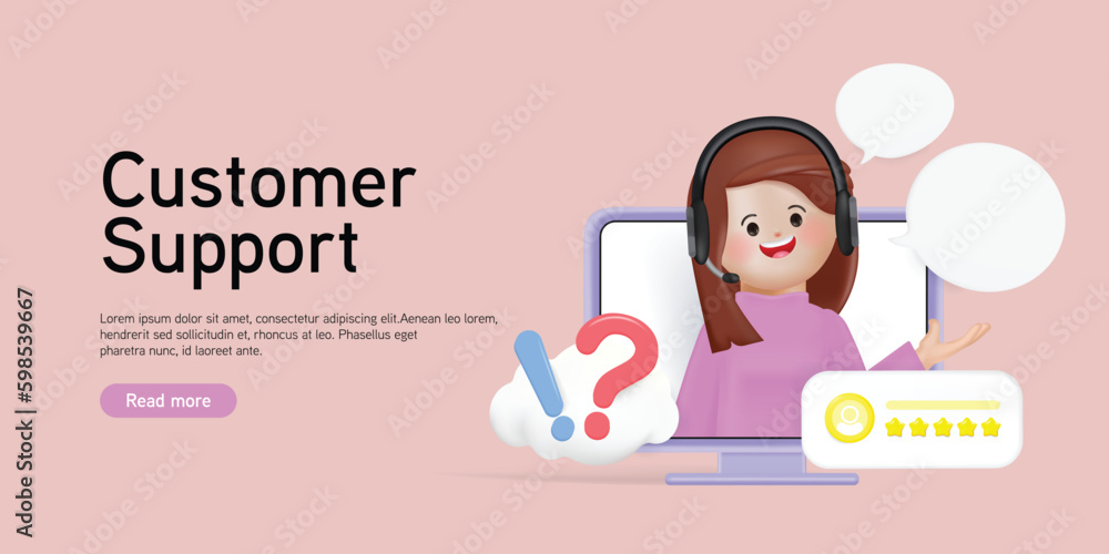 Woman with headphones and microphone working on laptop computer. Customer support website. Concept illustration for support, assistance, call center. 3D Cartoon minimal style rendering. Woman with headphones and microphone working on laptop computer. Customer support website. Concept illustration for support, assistance, call center. 3D Cartoon minimal style rendering.