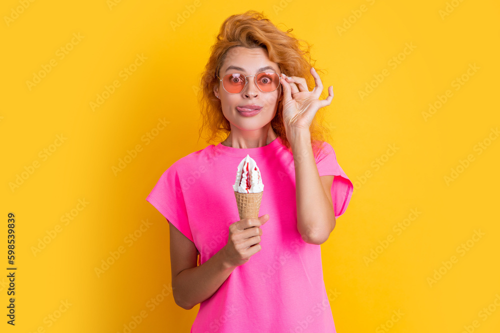 hungry summer woman with cone icecream on background. photo of summer woman hungry summer woman with cone icecream on background. photo of summer woman