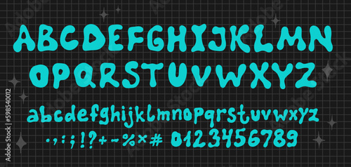 Hippie bohemian groovy postmodern funky font alphabet 1960s boho psychedelic style. Letters and numbers in Y2K style. Elements for social media, web design, posters, collages, clothing, music albums. 