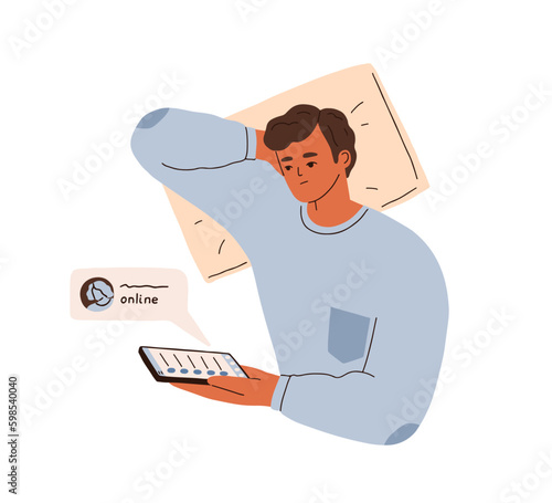 Sad man in love waiting for message from woman online in chat. Person missing, hoping for reply in messenger, looking at smartphone. Flat graphic vector illustration isolated on white background