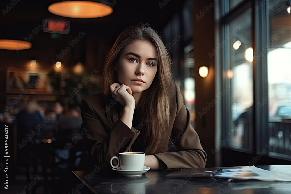 Thoughtful girl is sitting at a table by the window in a cafe and looking at camera, created with Generative AI Thoughtful girl is sitting at a table by the window in a cafe and looking at camera, created with Generative AI