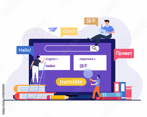 Tiny people learning multiple languages with online translator websites, Translation concept, Online translator.