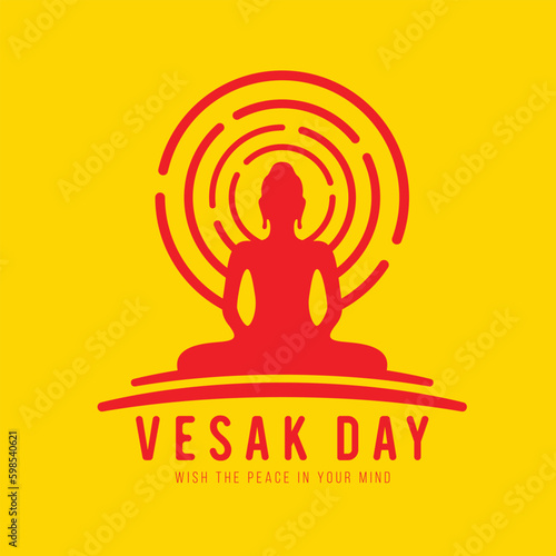 Vesak day wish the peace in your mind - Red buddha meditated with circle radiate from the head sign on yellow background, smooth curve style vector design