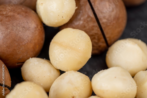 Peeled macadamia nuts on the table