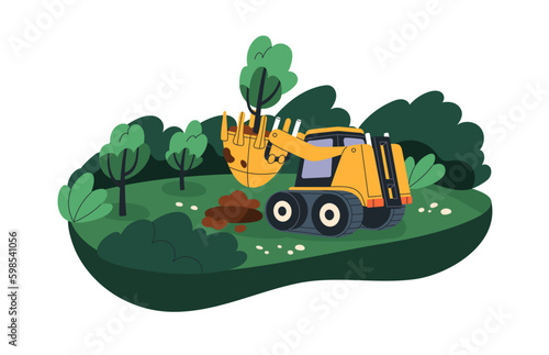 Excavator machine uprooting, removing, digging out and lifting tree with root. Plant removal, preparing area for agriculture, construction. Flat vector illustration isolated on white background