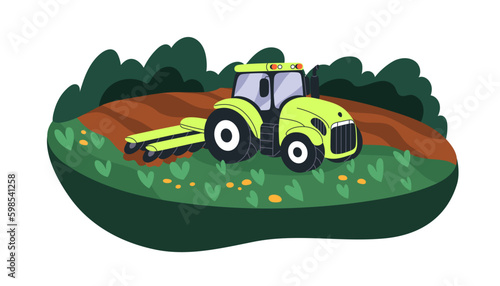 Agriculture machine works at farm field, land. Rotary tractor at farmland, preparing soil. Ground, earth preparation for crop cultivation. Flat vector illustration isolated on white background