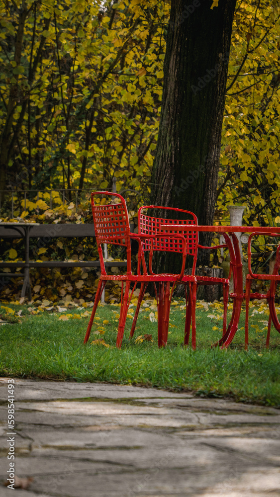 red chairs in the garden