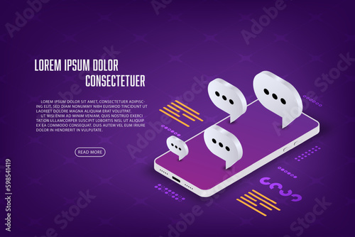 Vector isometric mobile phone mockup witch messege bubble.  Communication and social media concept. Technology connecting abstract background.