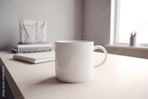 Empty white mug mockup on table. Generative AI 