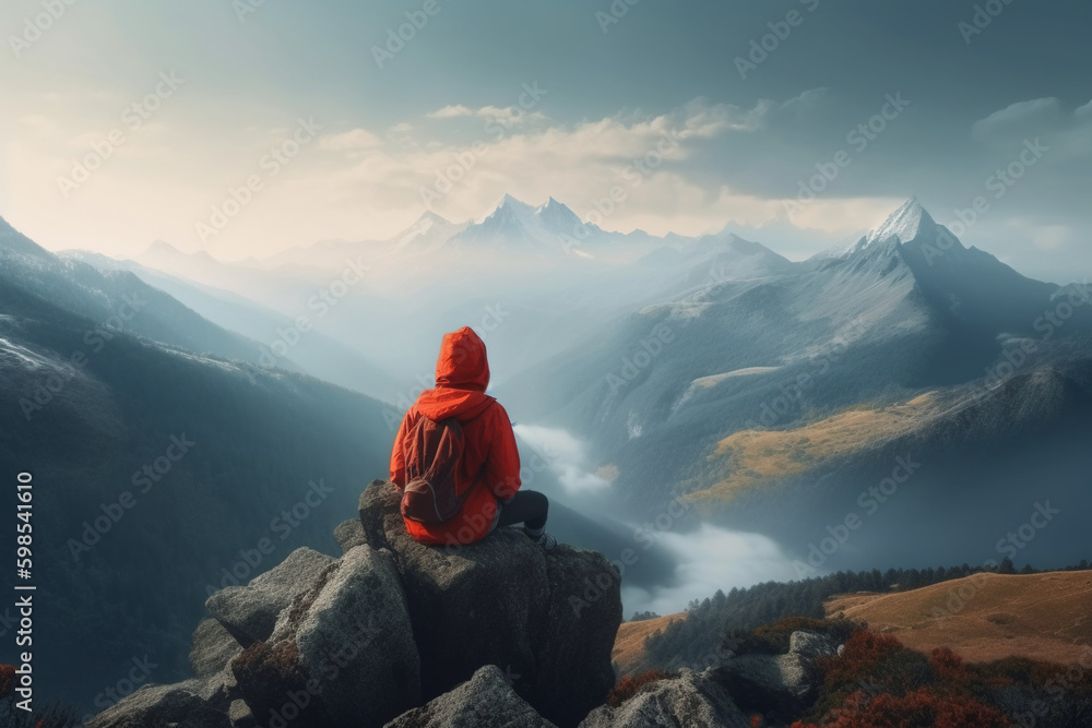 Hiker in red coat in the mountains. Generative ai Hiker in red coat in the mountains. Generative ai