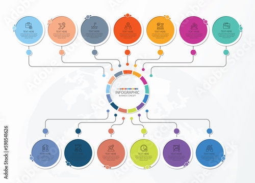 Process infographic with 13 steps, process or options.