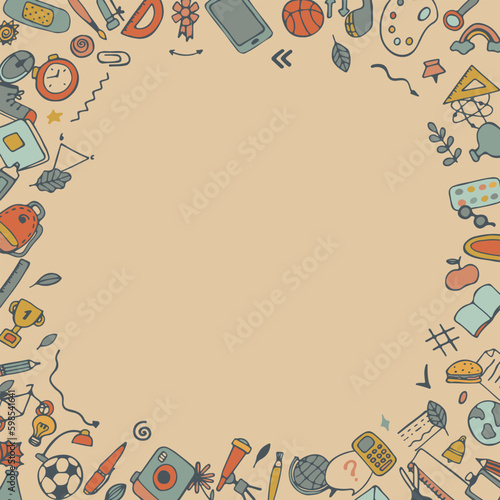 Frame made of colored stationery and school supplies on a white background. For posters and announcements. School supplies. Ready for school stuff. Back to school. Vector illustration