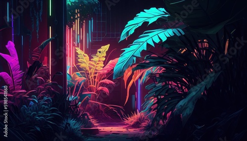 Fototapeta Naklejka Na Ścianę i Meble -  Futuristic jungle in neon cyberpunk style by Generative AI