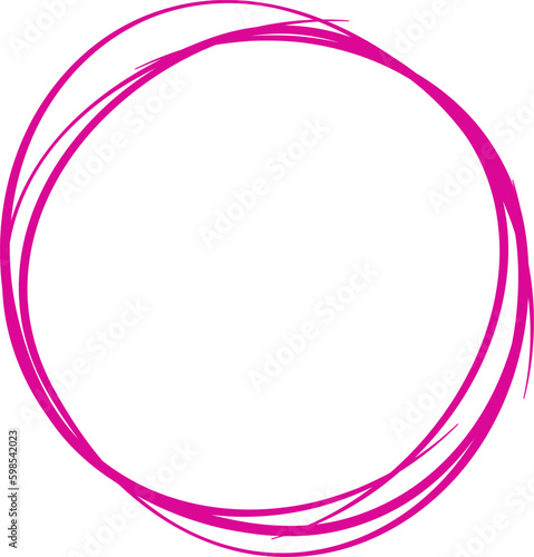 Magenta circle line hand drawn. Highlight hand drawing circle isolated on background. Round handwritten circle. For marking text, note, mark icon, number, marker pen, pencil and text check, vector