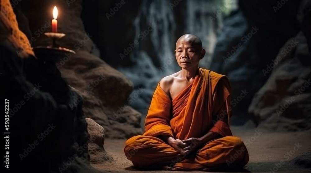 Asian Buddhist Monk in Meditation Inside Majestic Cave with Stalactite, Stalagmite, and Candlelight, generative AI - obrazy, fototapety, plakaty 