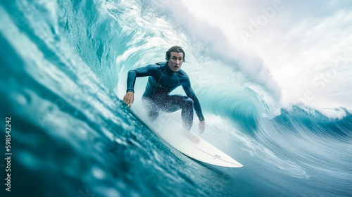 Minimalistic World-Class Professional Surfer Riding Giant Tidal Wave in Blue Ocean, generative AI © Mongkolchon