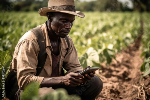 An African farmer is depicted sitting in his crop field and using an artificial intelligence-powered farming app on his smartphone to increase his crop yields. Generative AI 