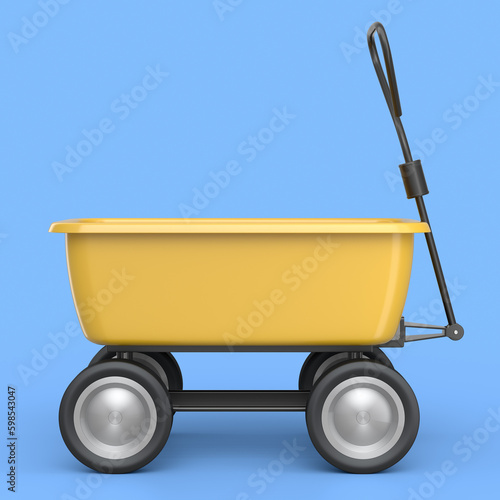 Garden wheelbarrow isolated on blue background. Handcart with wheel.